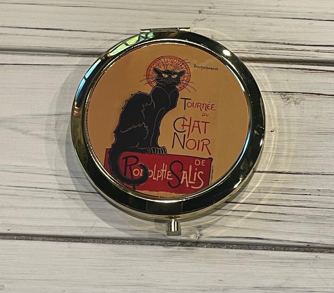 Black Cat Compact Mirror, French Cat Ad, Cat Lover Gift, Crazy Cat Lady, Gift for Her, Pocket Mirror, Whimsical Gift La Chat Noir