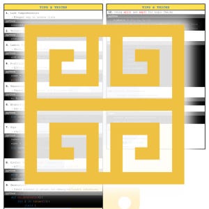 May include: A yellow and white Greek key pattern on a gray background. The pattern is repeated four times in a grid formation. The image is a visual representation of a coding tip or trick.