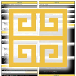 May include: A yellow graphic of a maze pattern on a white and gray background. The graphic is overlaid on a page with text about strings, tuples, lists, and dictionaries in Python programming.