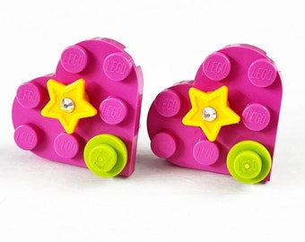 Handmade LEGO Pink Heart & Star Earrings with Bling Clip or Pierced