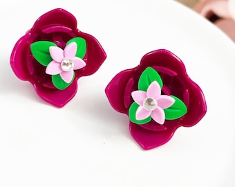 Handmade LEGO Big Pink Flower Earrings with Bling Clip or Pierced