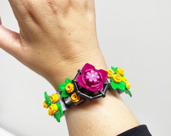 Handmade LEGO Pink Floral Adjustable Cuff Bracelet with Bling