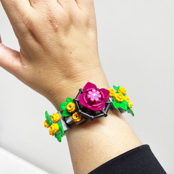 Handmade LEGO Pink Floral Adjustable Cuff Bracelet with Bling
