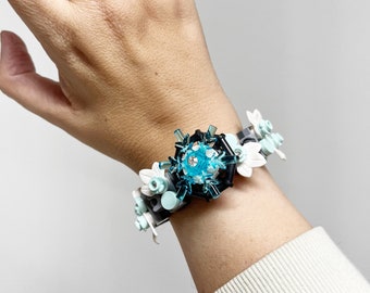 Handmade LEGO Blue Snowflake Adjustable Cuff Bracelet with Bling