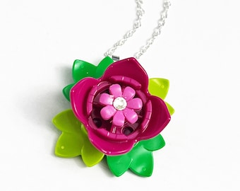 Handmade LEGO Pink Flower with Leaves and Bling Pendant Necklace