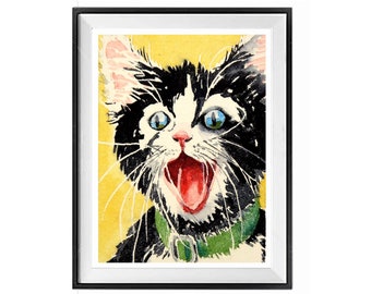 Black Cat Wall Art, Tuxedo Black White cat, Black cat Watercolor, Cheerful cat print, Black cat Sale, Inspirational Cat,   . * (2