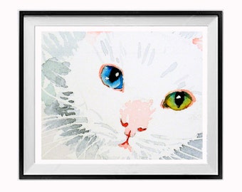wall decor WHITE CAT art pretty kitten painting cute kitty nursery art print  by Nancy LaBerge  Muren