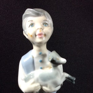 Young Boy With Goat Tengra Figurine, Porcelain, Made In Spain, Mardosa, Leaning On Rock