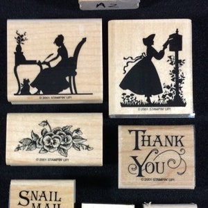 ヴィンテージポストカード木製マウントゴムスタンプセットStampin Up、Just A Note、Snail Mail、Thank You、To From、Place Stamp Here、Writing