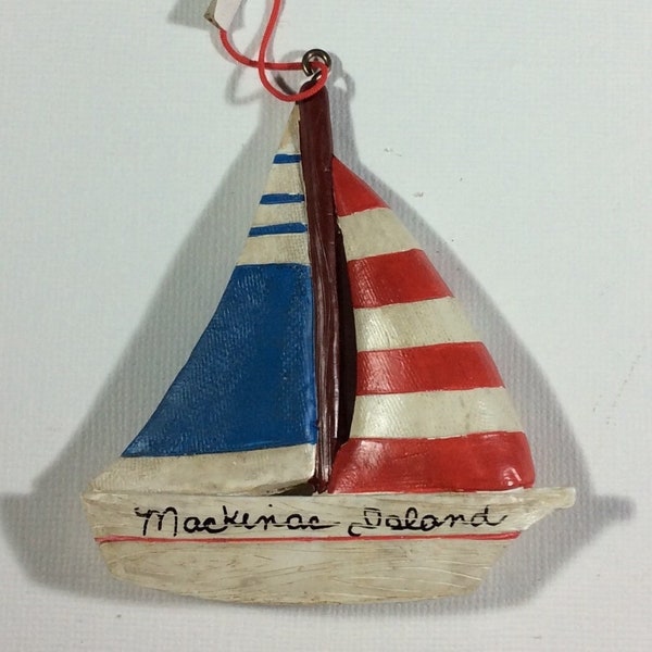 Sailboat Resin Christmas Ornament, Tree, Decor, Decoration, Mackinac Island, Michigan, Nautical, Red, White, Blue, Sailing, Patriotic