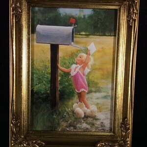 Carta a la abuela, litografía en miniatura, arte enmarcado de Donald Zolan, marco dorado, Pemberton & Oakes, La joven en el buzón, imagen