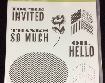 Oh Hello Cling Mount Rubber Stamp Set From Stampin Up, You're Invited, Thanks So Much, Chevron, Flowers, Oval