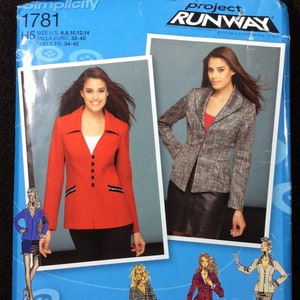 May include: A sewing pattern for a jacket, inspired by Project Runway. The pattern is for sizes US 6-14, Euro 32-40, and French 34-42. The pattern number is 1781.
