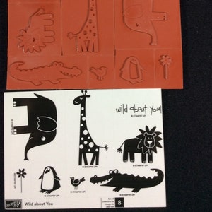 Juego de sellos Wild About You de Stampin Up, elefante, jirafa, león, caimán, pájaro, pingüino, flor, crockadile