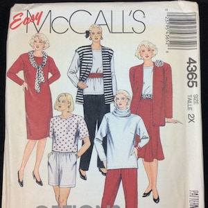 May include: Sewing pattern for four different outfits, including a red dress, a striped top with a black skirt, a polka dot top with shorts, and a red turtleneck with pants. The pattern is called "Endless Options" and is for size 2X. The pattern is from McCall's and the number is 4365.