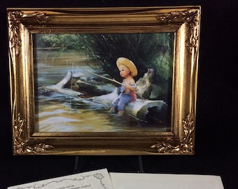 The Little Fisherman, Miniature Lithograph, Framed Art From Donald Zolan, Gold Framed, Pemberton Oakes, Young Boy Fishing, Picture