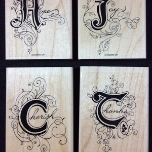 Iluminaciones Sello de goma montado en madera Set From Stampin Up, Cherish, Joy, Hope, Thanks, Swirls, Filigree,