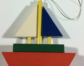 Sweet Little Wood Sailboat With Wood Sails Christmas Ornament, Nautical, Tree, Decor, Decoration, Sailing, Primary Colors