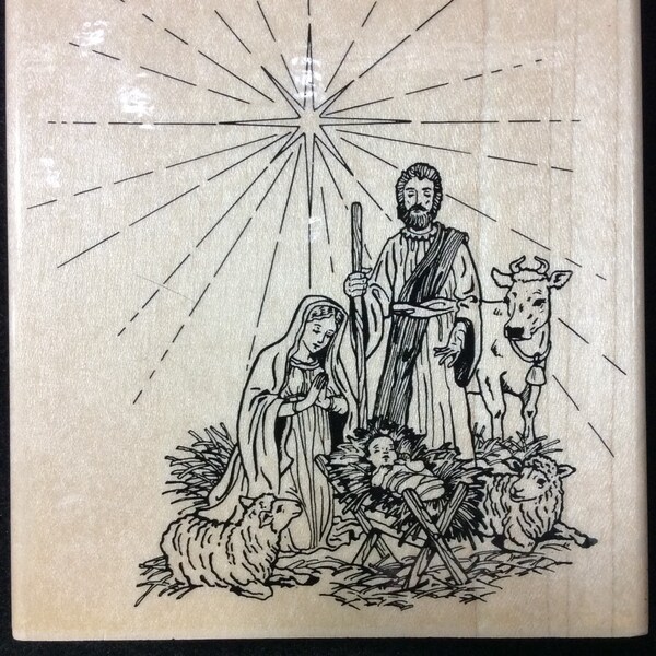Lejos en un pesebre de madera montado sello de goma de relieve Artes Co, Navidad, Pesebre, Vacaciones, Jesús, Natividad, Religioso, #810-JJ, Cumpleaños