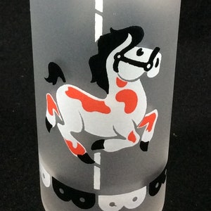 Orange And White Horse Libby Frosted Carousel Hostess Highball Glass, 12 Ounces, 1950's, Tumbler 9-28