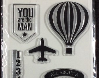 All About A Boy Clear Stamp Set From Hampton Art, Hot Air Balloon, Airplane, Spinner, Numbers, Play Flag, You Are The Man