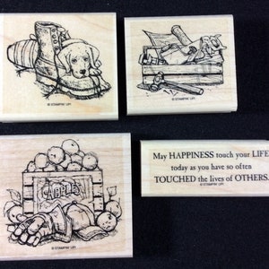 Juego de sellos de goma montados en madera de Deer Friends From Stampin Up, Navidad, Árbol, Pan de jengibre, Santa, Regalo, Regalo, Muñeco de nieve, Niño Jesús, Ángel