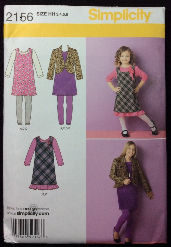 Simplicity Child's and Girl's Jumper, Jacket, and Knit Leggings and Dress  or Top Pattern 2156 Size 3, 4, 5, 6 