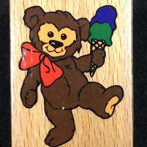 Teddy Bear With Ice Cream Wood Mounted Rubber Stamp, Bear, Birthday, Kids, Children,