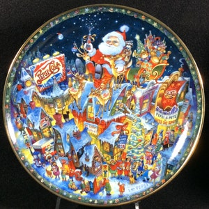 A Pepsi Cola Christmas By Bill Bell, The Franklin Mint Heirloom Collection, Trimmed in Gold, Santa In His Sleigh, City Lights, Carolers, Sky