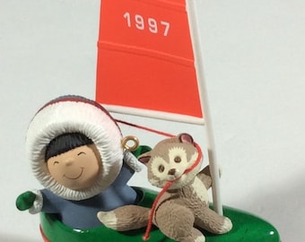 Gorgeous 1997 Eskimo On Ice Boat Ornament From Hallmark, Christmas, Frosty Friends Collector's Series, 18 In The Series
