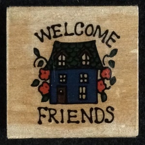 ウェストウォーターの木製ゴム印「Welcome Friends」、家、花、花柄、友達、新築祝い、住宅購入、家を買う、ホーム