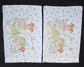 Set Of Two Cabbage Patch Kids Pillowcases From 1983, Well Loved 20" x 30", Rainbow,