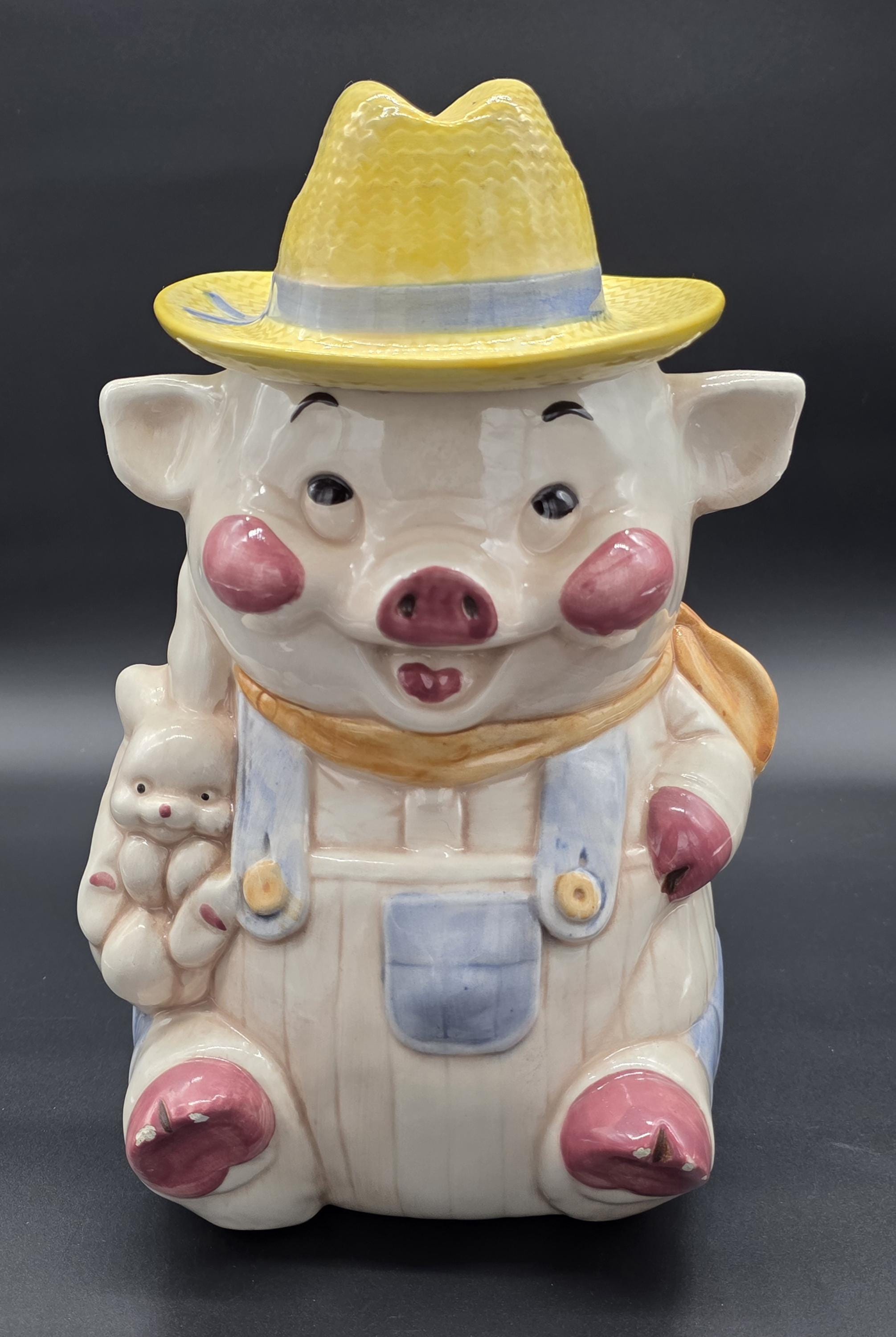 1960's Treasure Craft Farmer Pig Cookie Jar, Overalls, Straw Hat