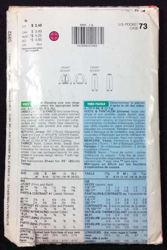 See & Sew Unisex Jacket and Pants Pattern 5892 Size Xsm