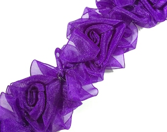 Organza Floral Trim With Stretch Elastic, Trims, Trimming, Rose, Purple, By The Yard