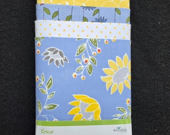 Monday Monday Riley Blake Designer Fabric Sampler From Cricut, Samples Of Yellow Swiss Dots Reversed, Blue Monday Bird, Yellow Monday Vines