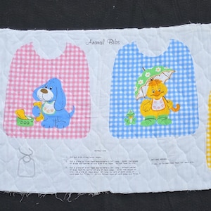 Panel de tela acolchado para babero de bebé, bricolaje, costura, cortar y coser, baberos de conejito, oso, pato, perro, animales, década de 1970