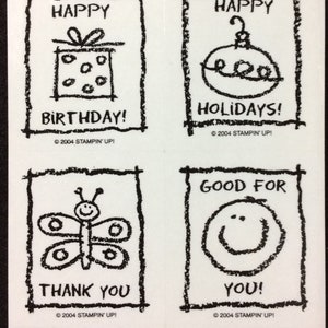 Kids Cards Wood Mounted Stamp Set From Stampin Up, Happy Birthday, Happy Holidays, Thank You, Smile Face, Butterfly, Ornament, Gift, Present