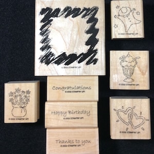 Todas las ocasiones Juego de sellos de goma montados en madera desde Stampin hasta 9890-00 Amor, boda, matrimonio, cumpleaños, bebé, flores, corazones, helado