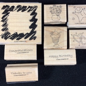Todas las ocasiones Juego de estampillas de goma montadas en madera de Stampin Up, Marco, Corazones, Helado Sundae, Bebé, Bebé, Flores En Un Jarrón