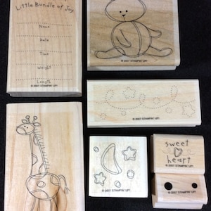 Bundle Of Joy Wood Mounted Rubber Stamp Set From Stampin Up, Jirafa, Oso, Anuncio, Bebé, Bebé, Nacimiento, Corazones, Estrellas, Ducha