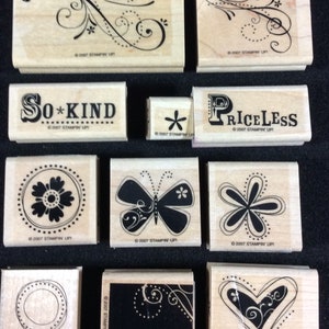 Priceless Wood Mounted Rubber Stamp Set From Stampin Up, So Kind, Flowers, Swirls, Hearts, Butterfly, Circles, Rectangle, Geometric, Floral