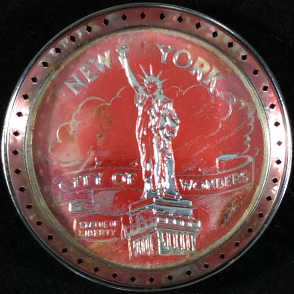 New York, Statue Of Liberty, City Of Wonders Metal Souvenir Coaster Tray, Red, Silver, Made In Japan, 3" Across, Trinket, DAMAGED