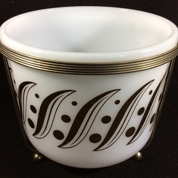 Atomic MCM Mid Century Milk Glass And Gold Ice Bucket, Mad Men, 1960's, With Stand Swirls, Dots, Barware