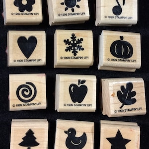 Mini Medley's Wood Mounted Stamp Set From Stampin Up, Music Note, Sun, Flower, Pumpkin, Snowflake, Heart, Leaf, Apple, Swirl, Star, Duck