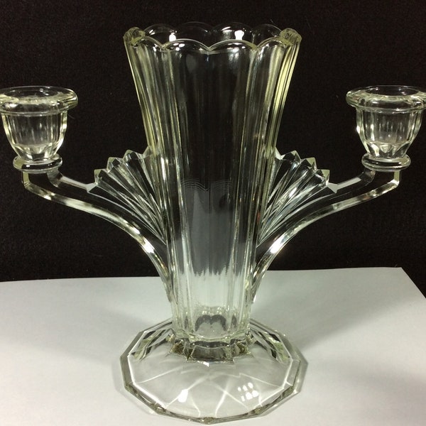 Jeanette Art Deco, Glass Double Candlestick And Vase Combo, Clear, 1930's