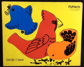 Playskool Birds / See Painted Wood Puzzle, 3 Pieces, Age 2 - 4, 70's, Well Loved And Used, 155-19, Red, Yellow, Blue, Orange, Primary Colors