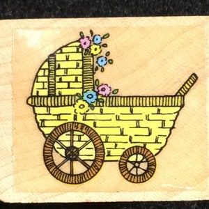 Baby Buggy Sello de goma montado en madera Bebé, Ducha, Nacimiento, Cochecito