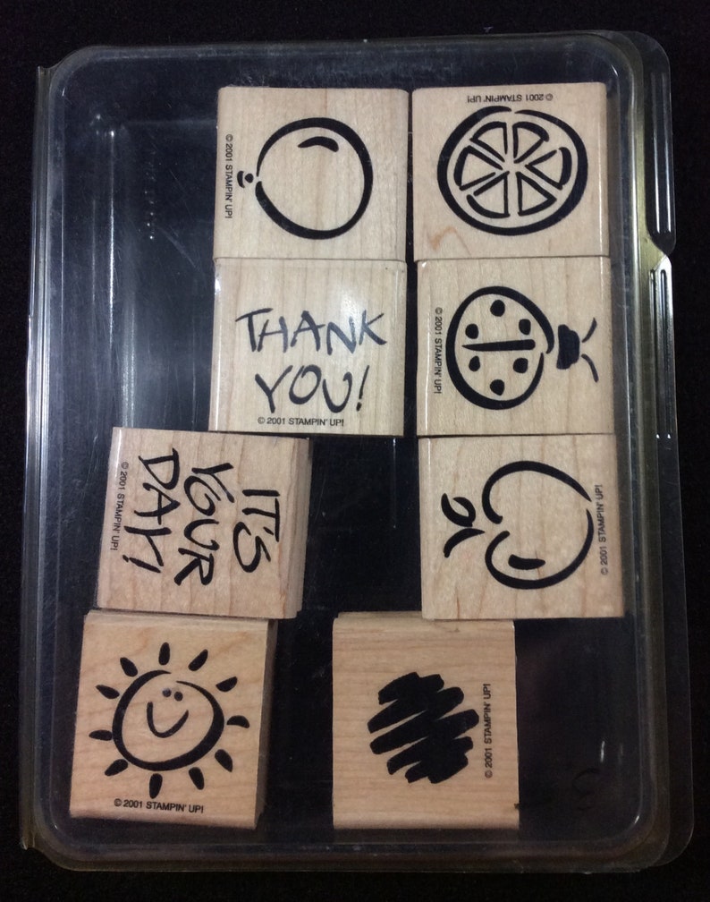 Orange Sun Lady Bug Fanciful Favorites Wood Mounted Rubber Stamp Set From Stampin Up It/'s Your Day Balloon Apple Thank You