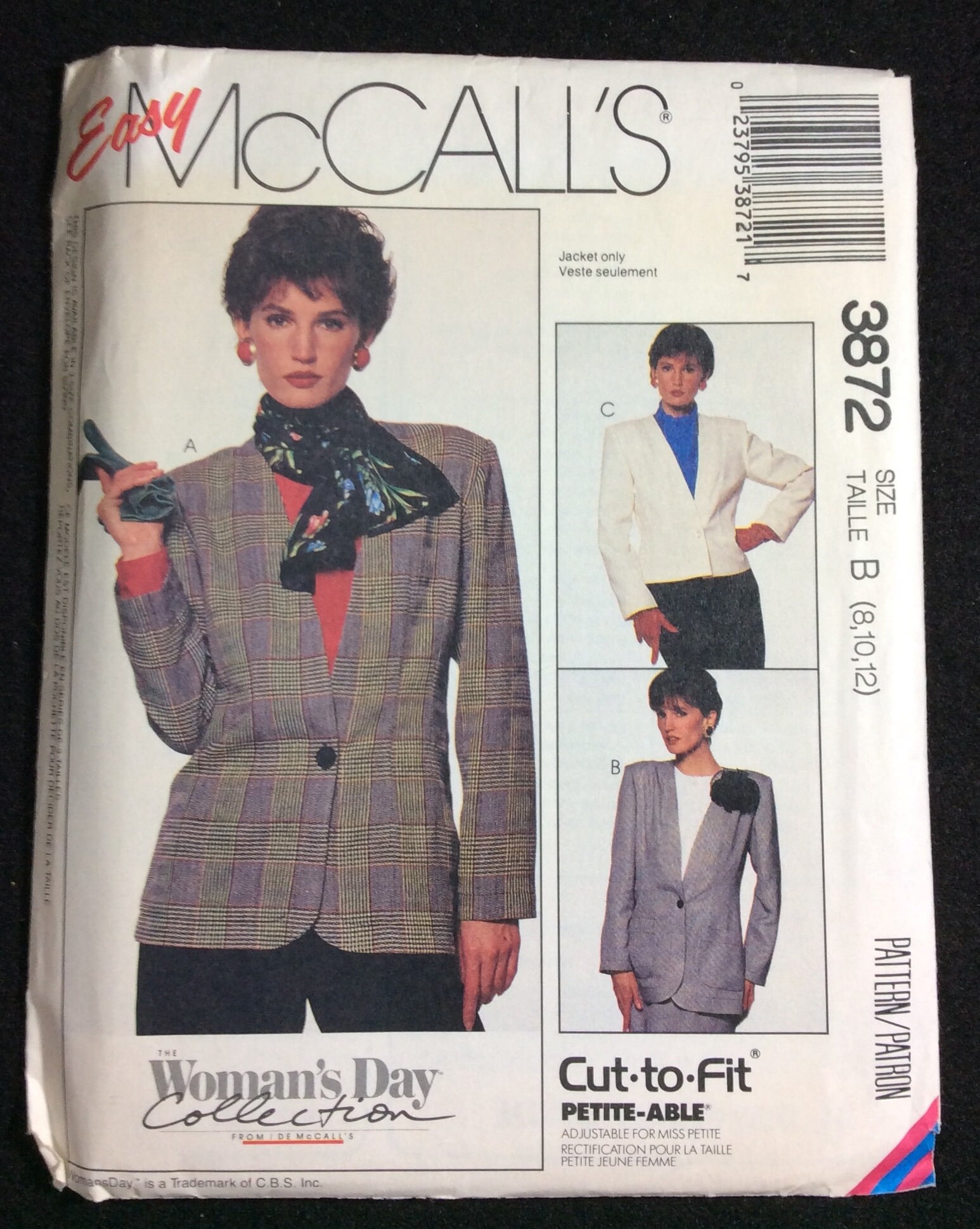 Easy McCall's Misses' Unlined Jacket Pattern 3872 Size 8, 10, 12, Cut To Fit, Petite-Able, Woman's Day Collection